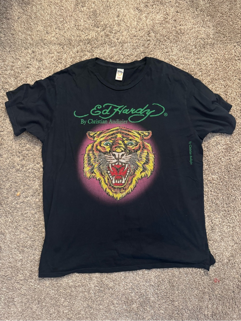 Ed Hardy Black Short-Sleeve Tee with Multicolor Crystal Tiger Graphic